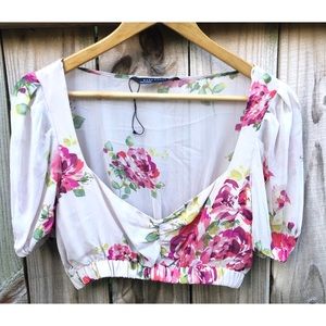 Zara Pale Pink Floral Crop Top with Sheer Sleeves/Back